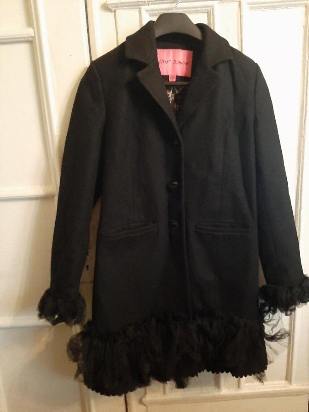 Betsey Johnson siz 10  black wool dress coat with ruffles on sleeves & bottom